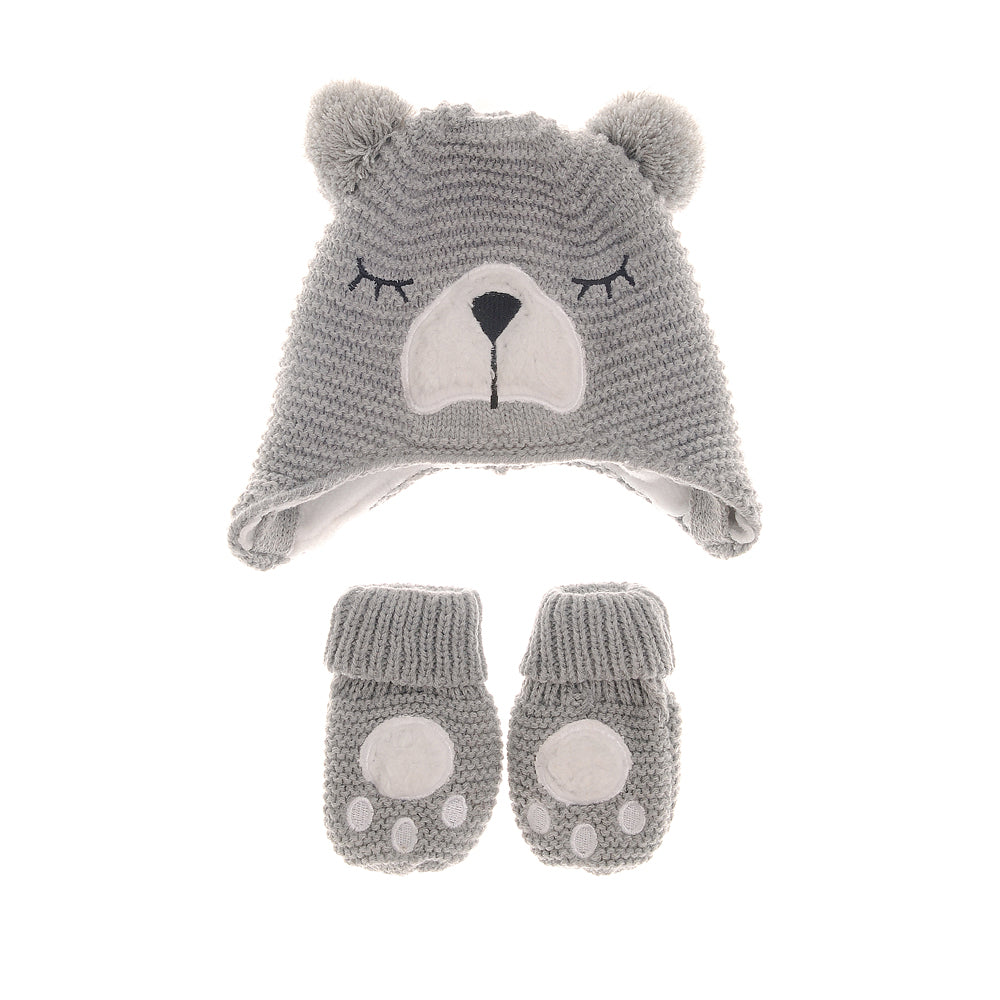 Grey Bear Woolly Hat and Mittens