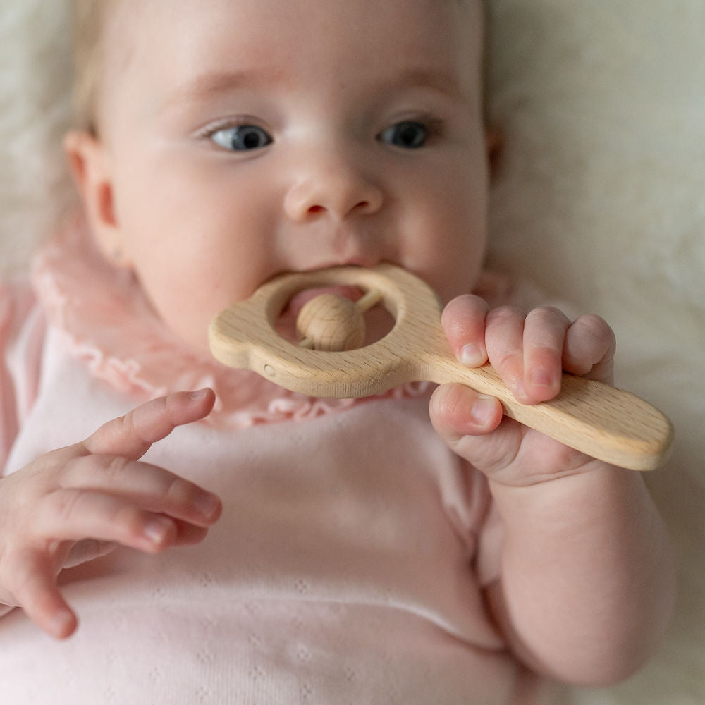 Wooden teether and rattle - blush