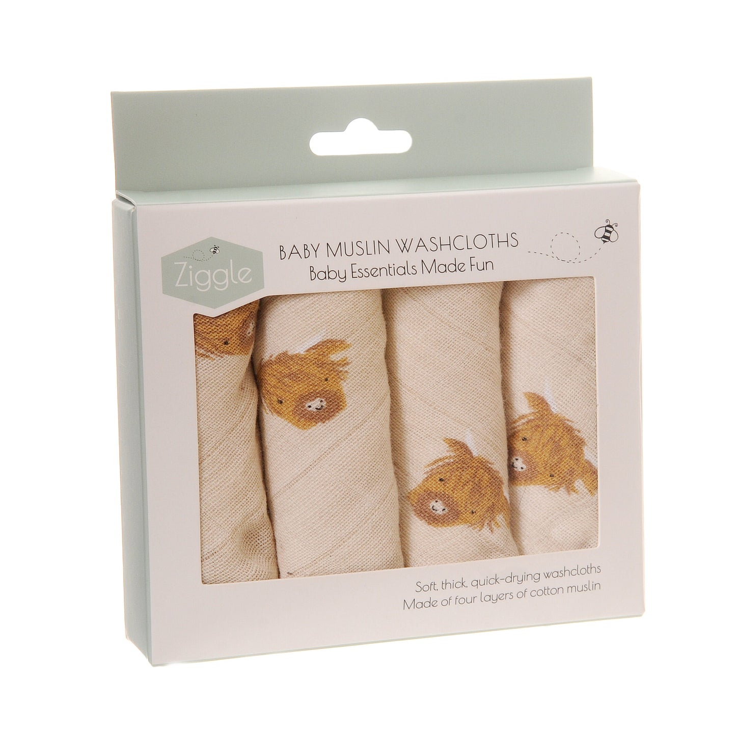 Baby Muslin Washcloths | 4 100% Cotton Muslin cloths | Soft, Compact Multi-use Cloths for Easy Cleanup | Ziggle Ziggle