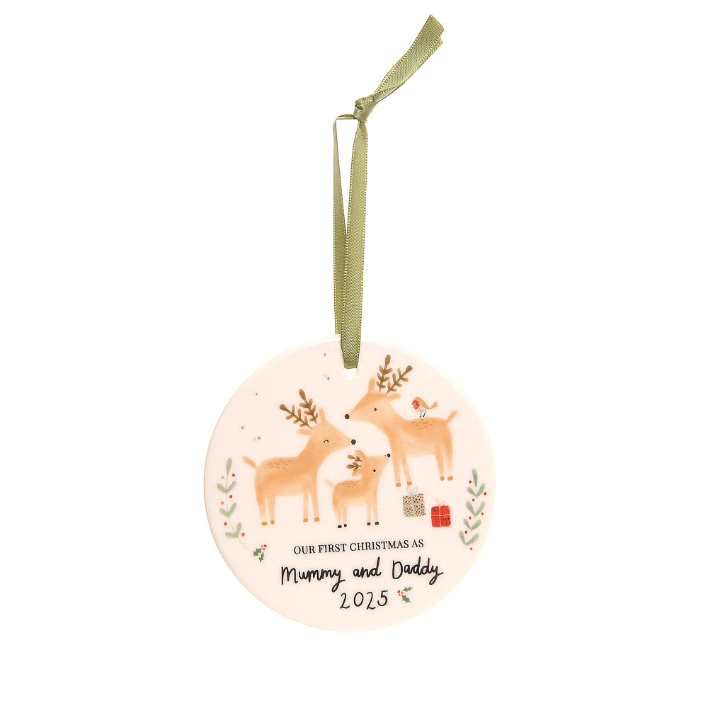 Mummy & Daddy First Christmas Reindeer & Rabbit 2025 ceramic decoration