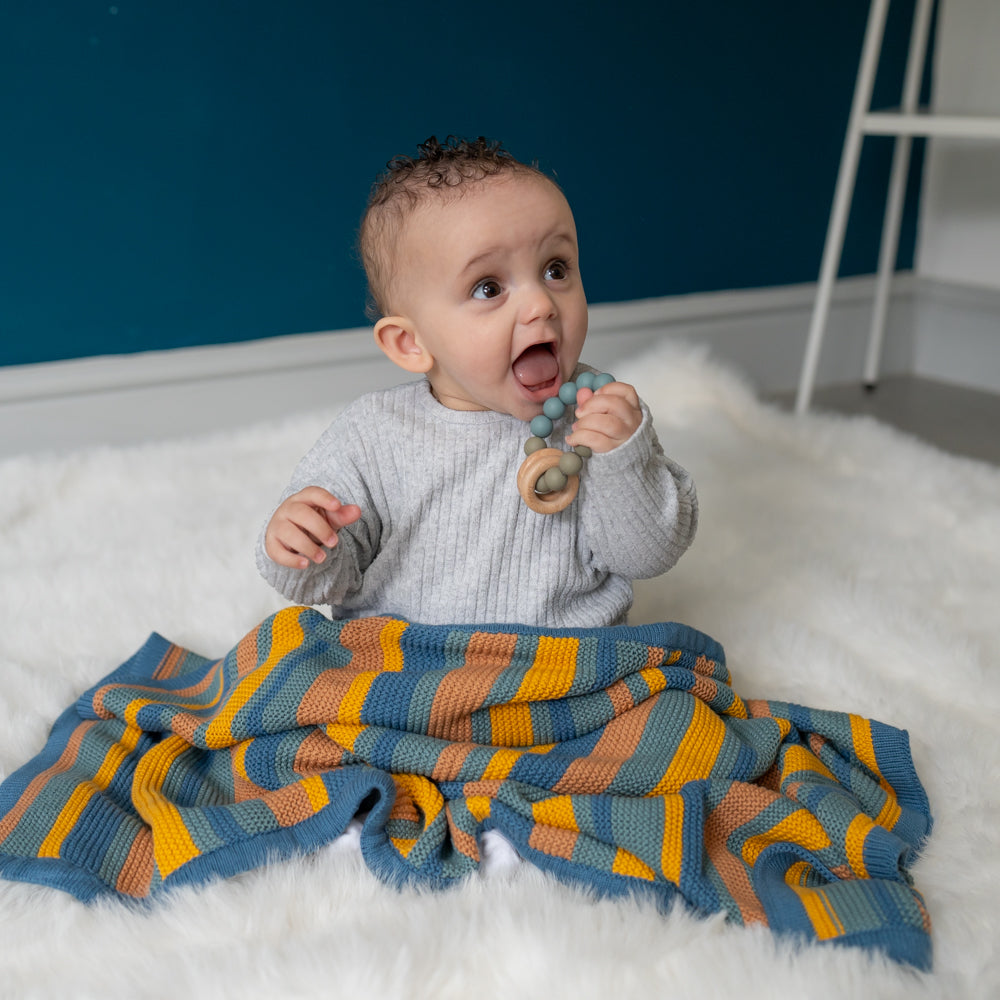 Blue/orange/yellow/green stripe blanket