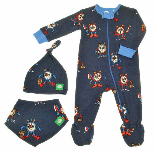Alarm Clock Zip Sleepsuit with matching hat and bib laid out.