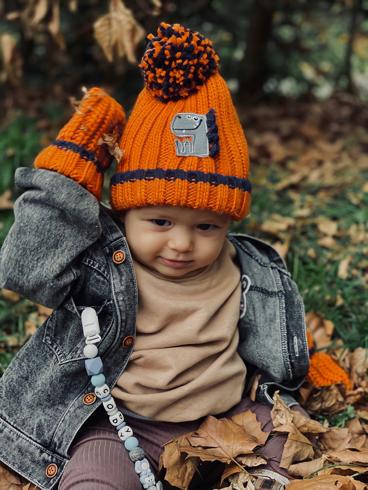 Orange Dinosaur Bobble Hat and Mittens