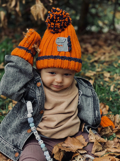 Orange Dinosaur Bobble Hat and Mittens
