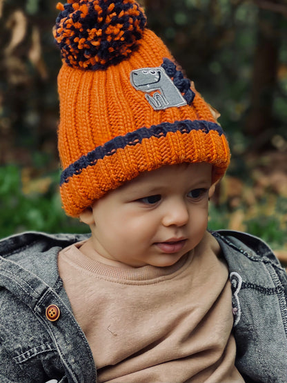Orange Dinosaur Bobble Hat and Mittens