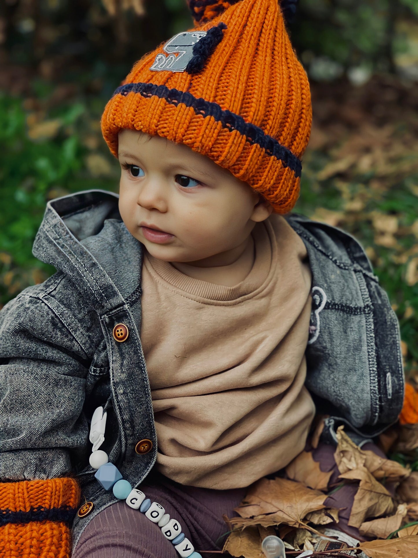 Orange Dinosaur Bobble Hat and Mittens