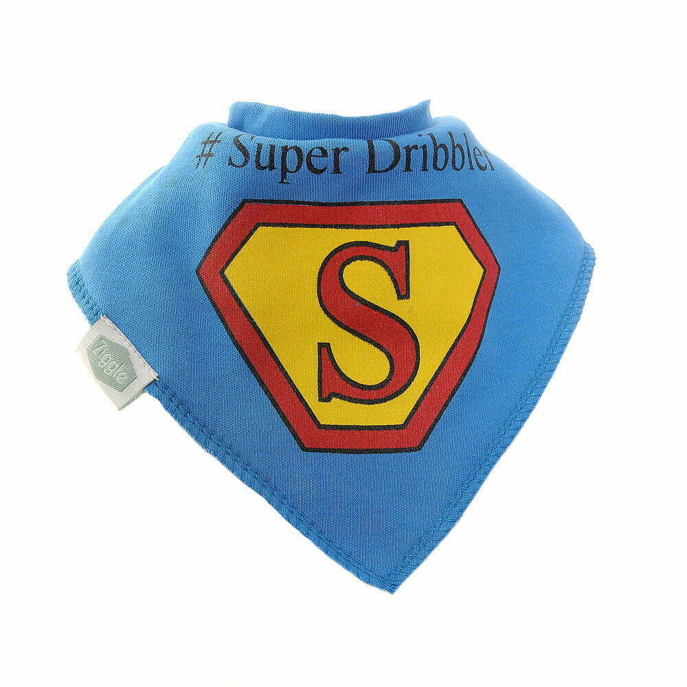 blue super dribbler bib with super logo in the middle