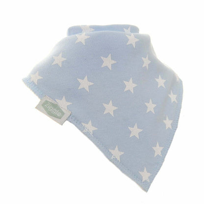 pastel blue bib with white stars over it