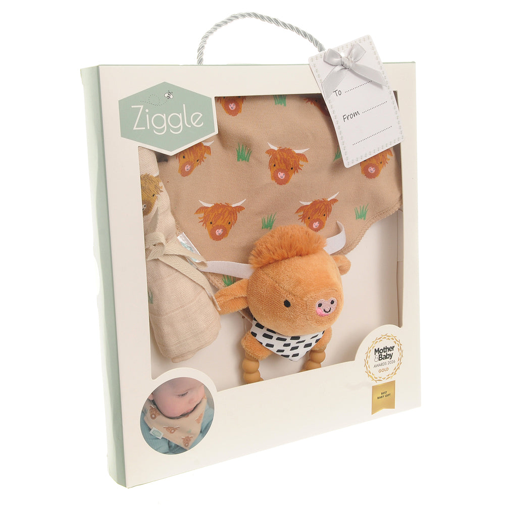 Gift set: Bib Rattle Washcloth Highland Cow Ziggle