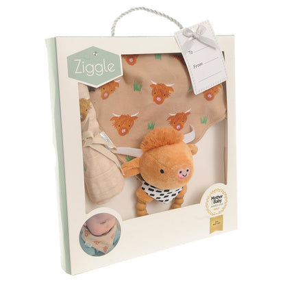 Gift set: Bib Rattle Washcloth Highland Cow Ziggle