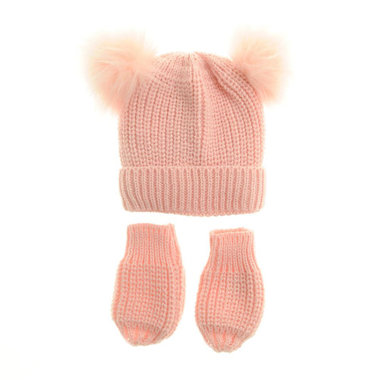 Pink Double Bobble Hat and Mittens