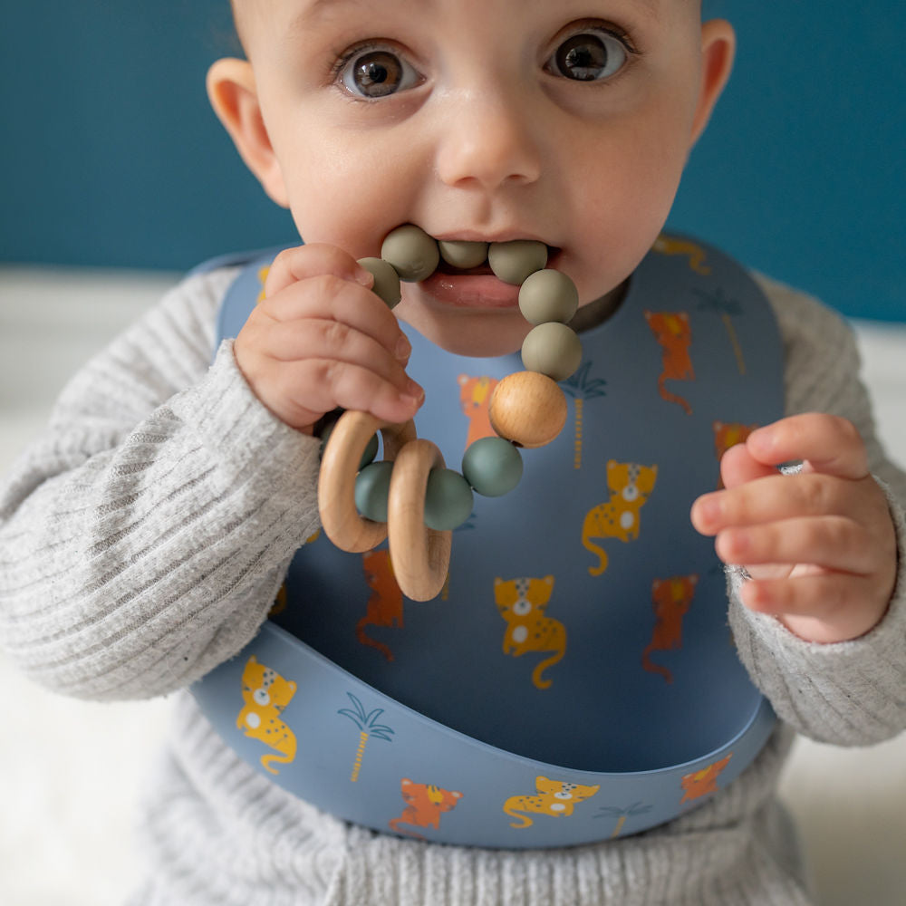 Wooden teether and rattle - blue grey