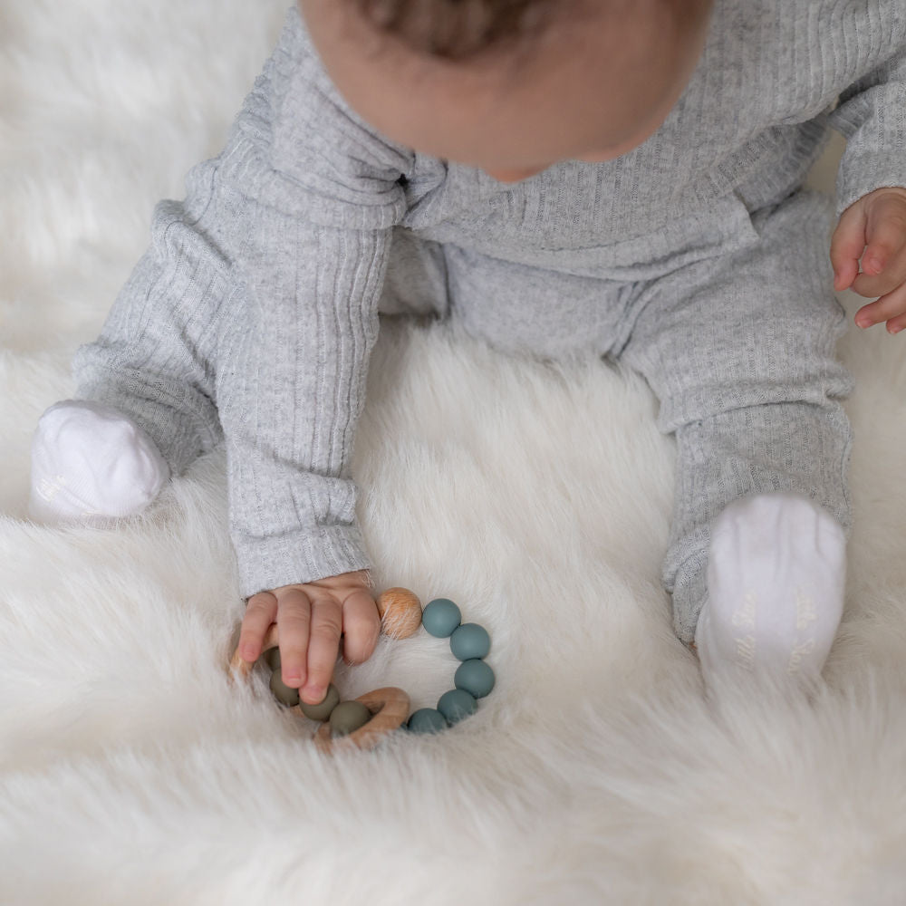 Wooden teether and rattle - blue grey