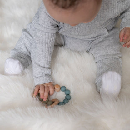 Wooden teether and rattle - blue grey