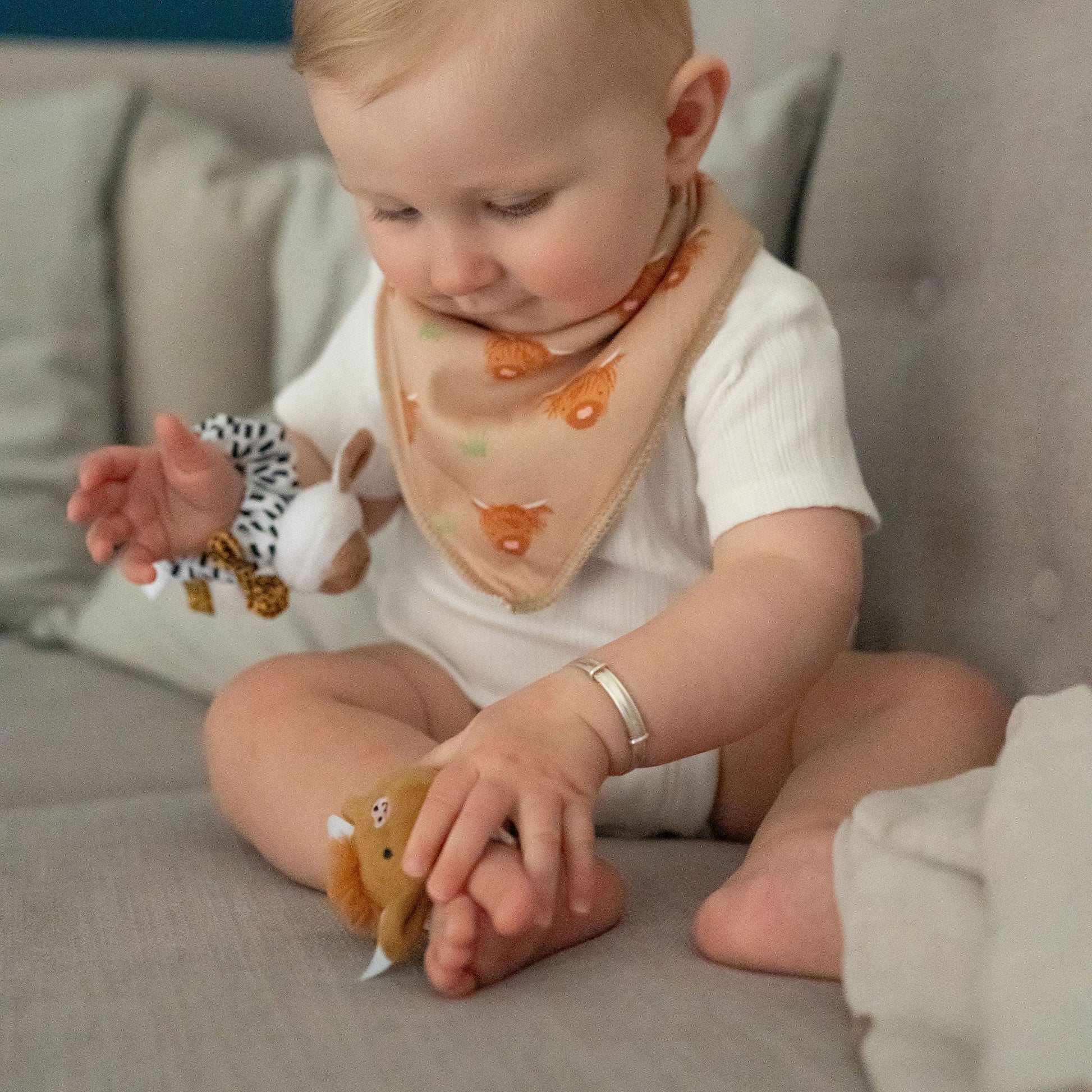 Plush Highland Cow and Sheep Wrist Rattles Ziggle