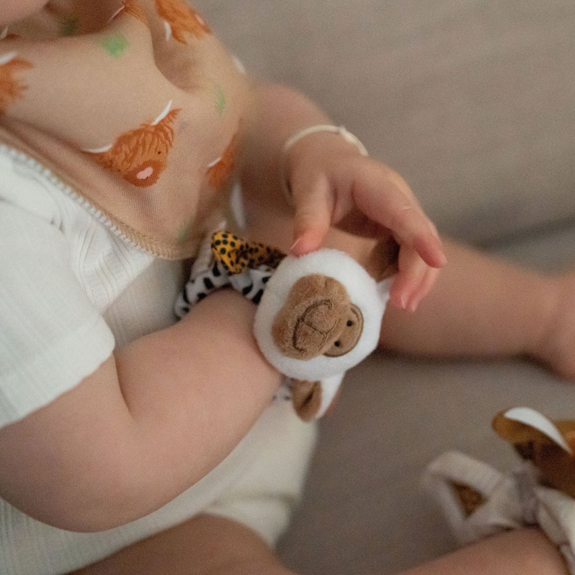 Plush Highland Cow and Sheep Wrist Rattles Ziggle