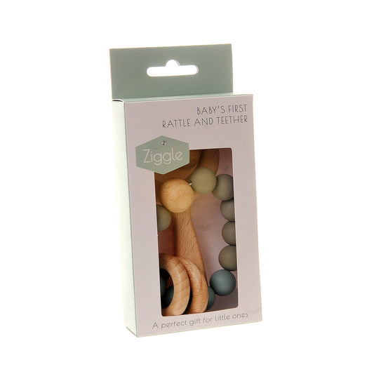 Wooden teether and rattle - blue grey