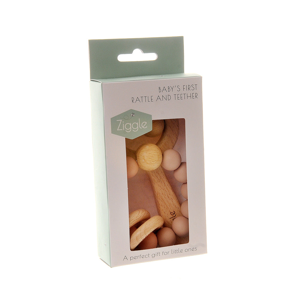 Wooden teether and rattle - blush