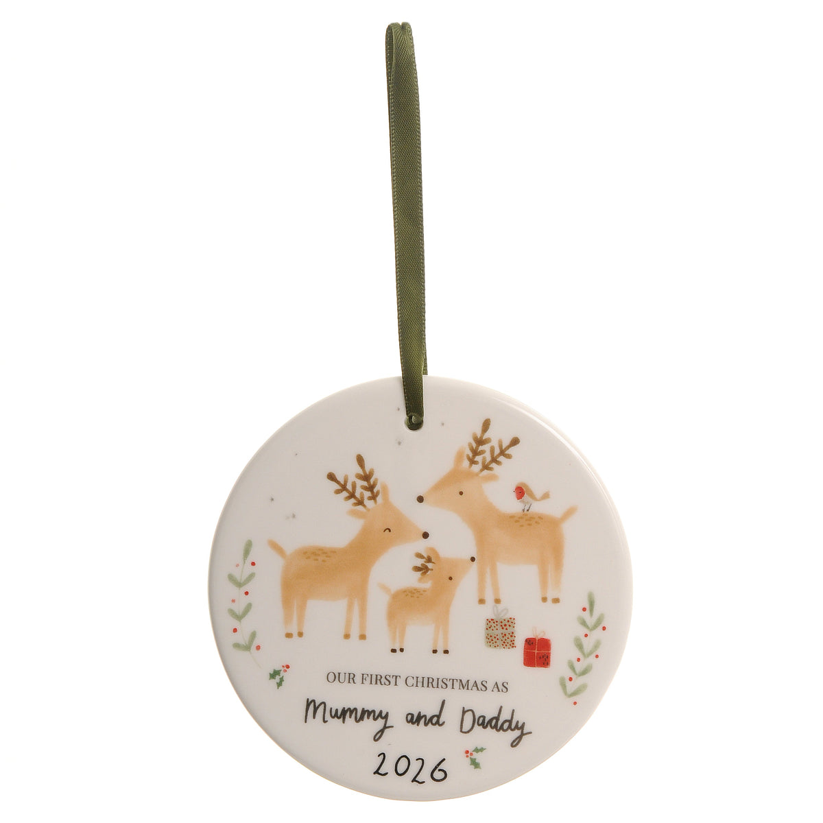 Mummy & Daddy First Christmas 2026 Reindeer & Rabbit Ceramic Bauble ziggle