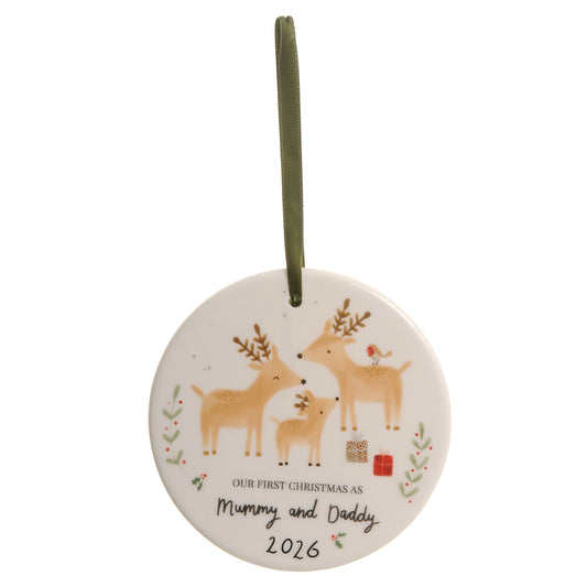 Mummy & Daddy First Christmas 2026 Reindeer & Rabbit Ceramic Bauble ziggle